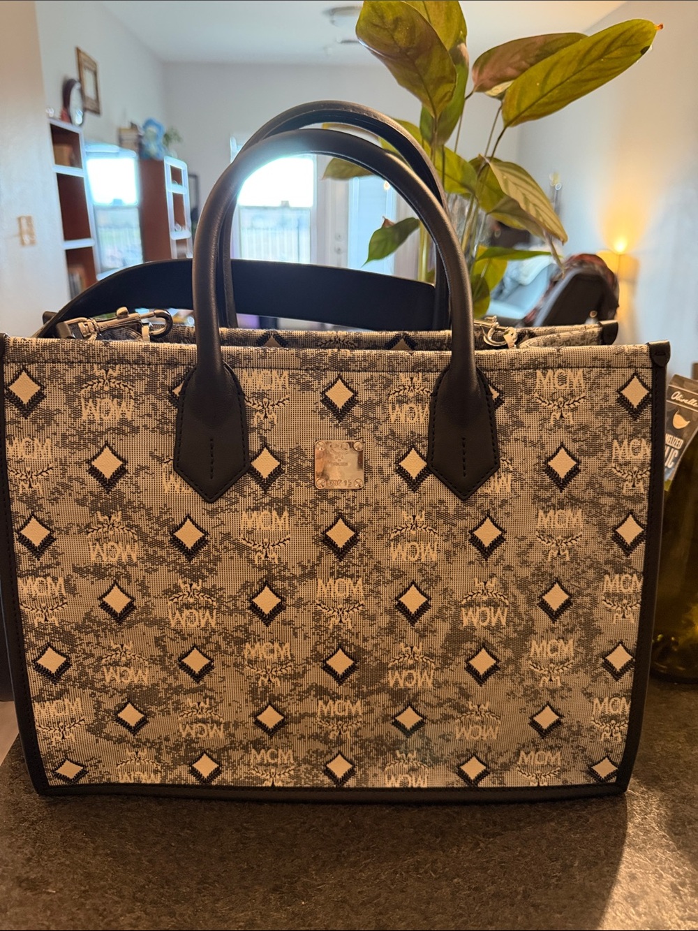 MCM Monogram Tote in Gray and Black with Leather Trim
